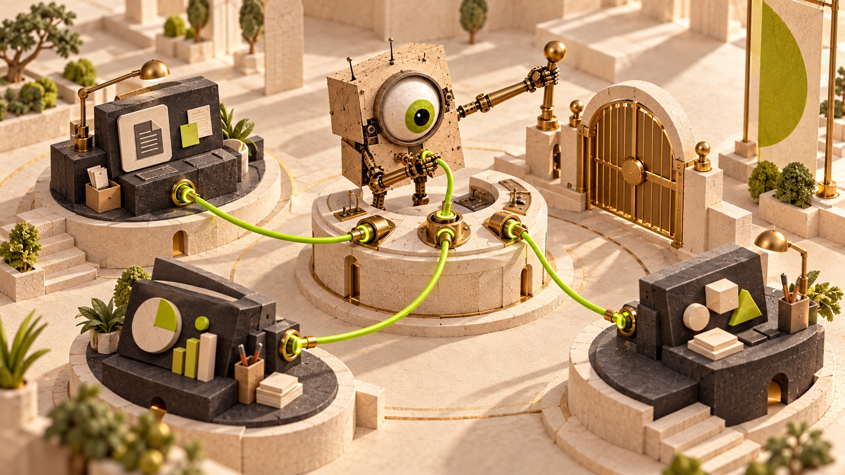 Kooya’s one-eyed mechanical mascot connects lime cables between three charcoal workstations beside a closed brass approval gate.