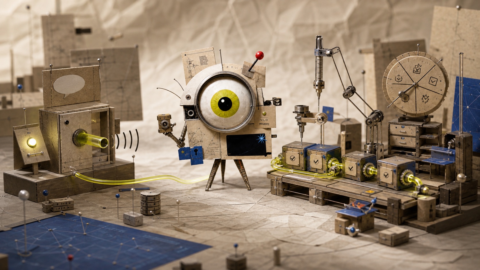 The Kooya mascot comparing a simple conversation kiosk with a multi-step agent workbench.