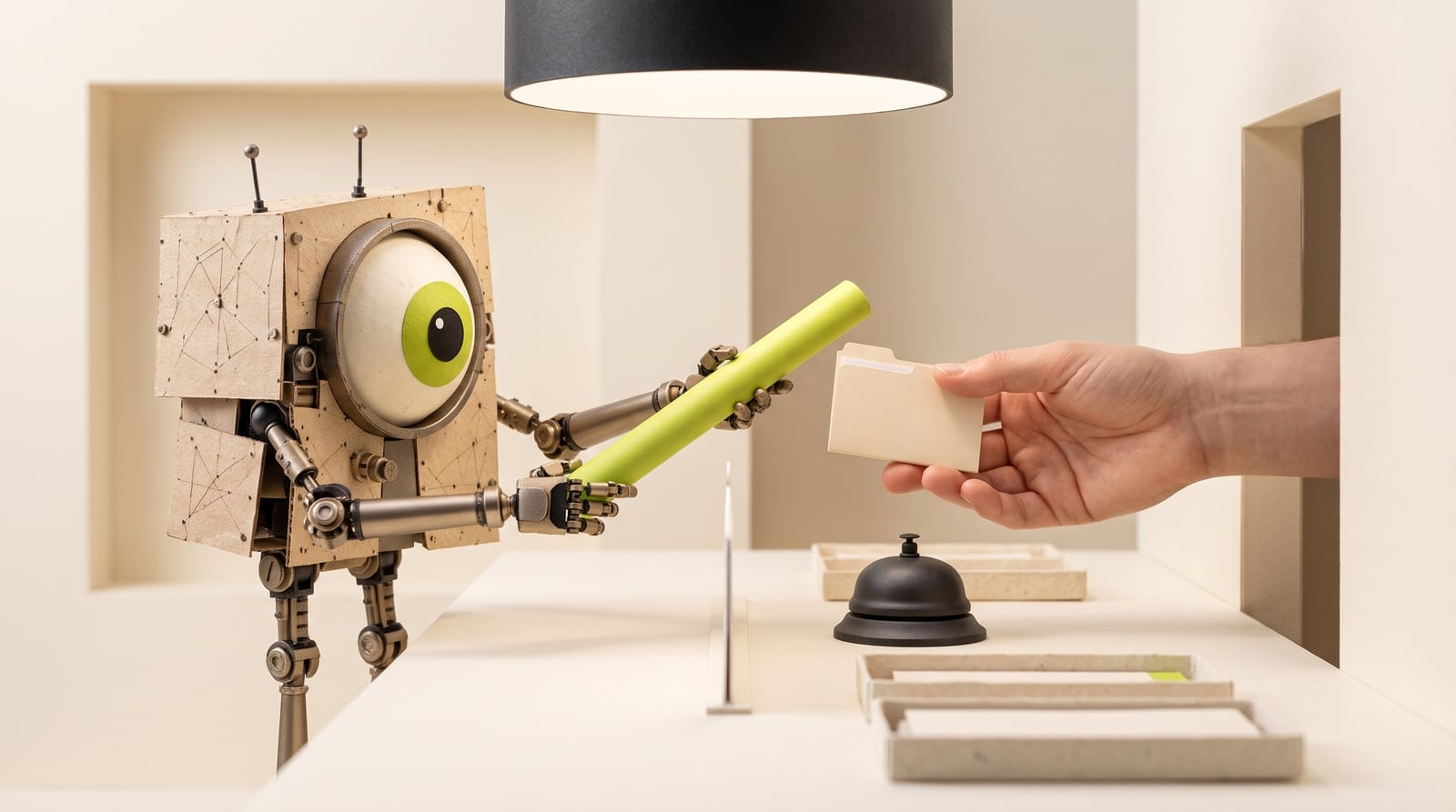 Kooya’s mascot extends a lime baton toward a human hand holding a case folder across a support counter.