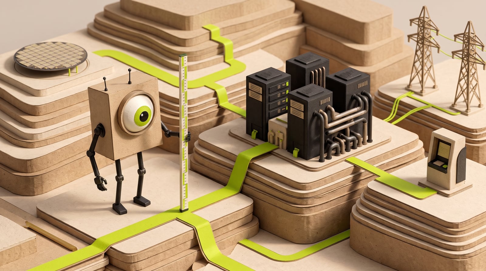 Kooya’s mascot surveys layered chip, server, power and application infrastructure linked by lime paths.
