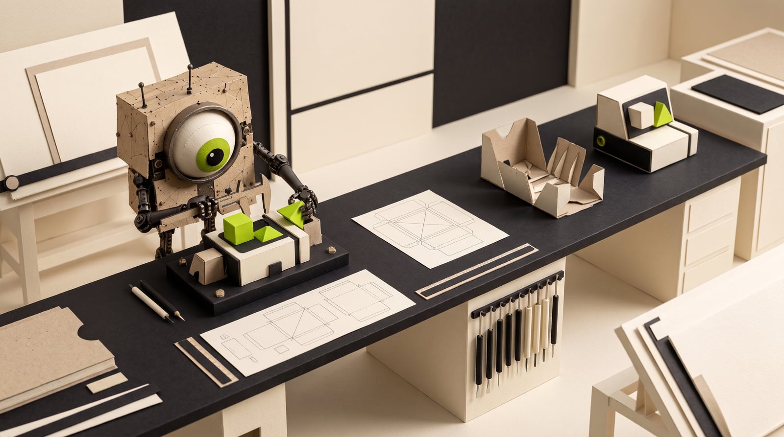 Kooya’s one-eyed mascot fits lime modules into a product prototype on a black workbench beside paper designs.