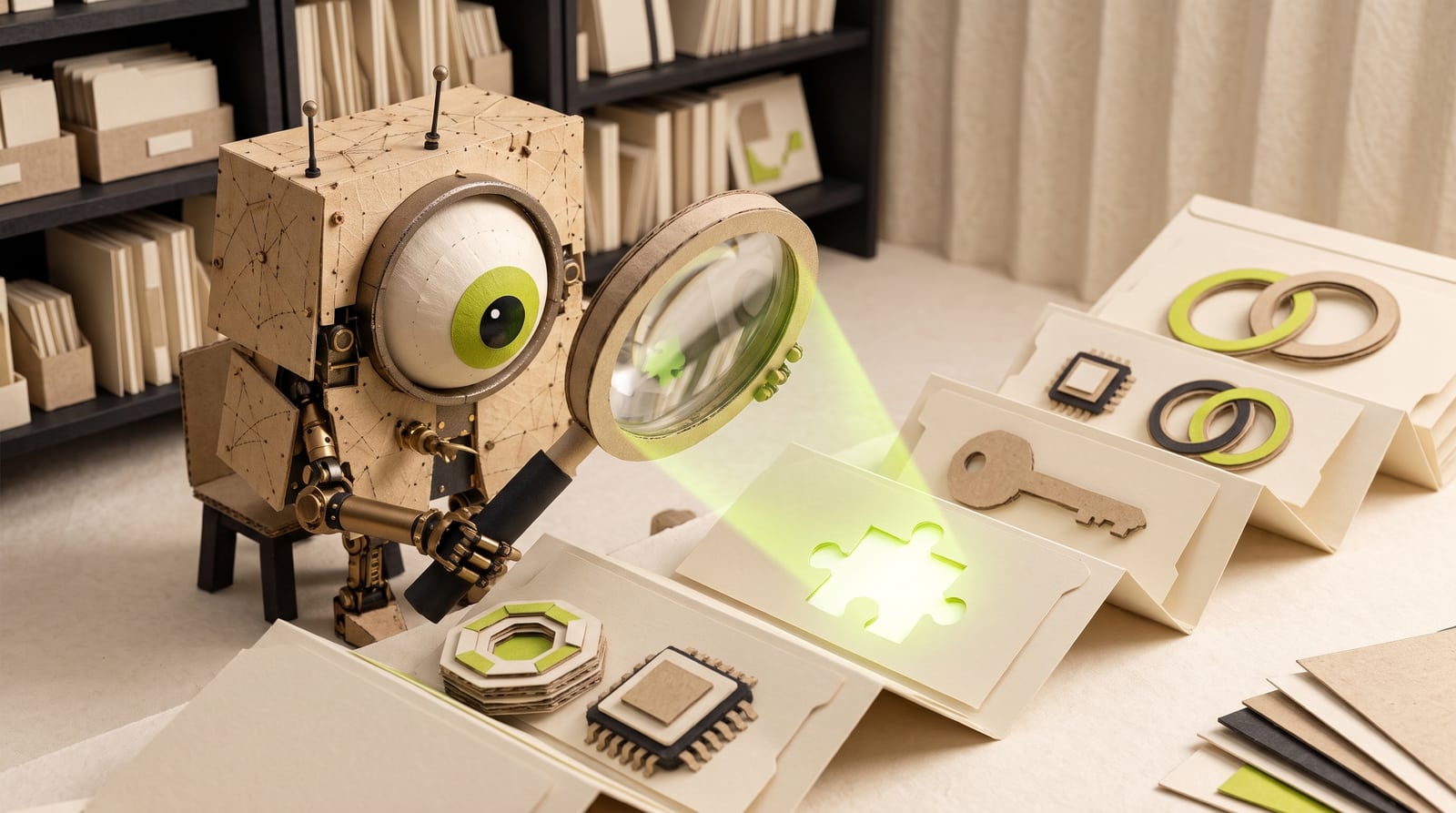 Kooya’s mascot uses a magnifying lens to inspect an accordion folder of chips, keys and ownership rings.