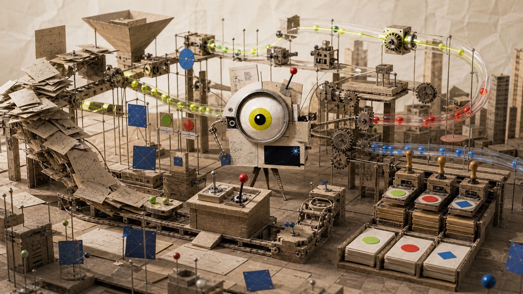 The Kooya mascot conducting a tactile workflow machine that turns a pile of requests into organized outcomes.