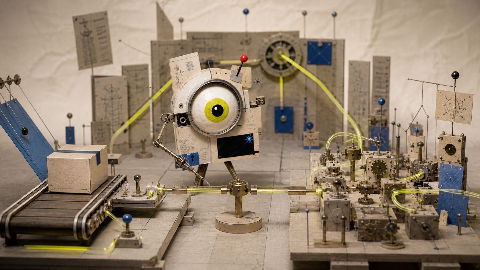 The Kooya mascot measuring a ready-made software box against a custom modular machine.