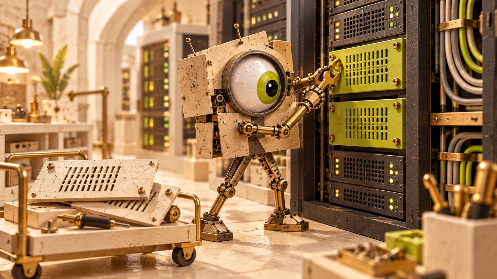 Kooya’s one-eyed cardboard mascot secures two lime replacement panels into a charcoal server cabinet in a cream maintenance workshop.