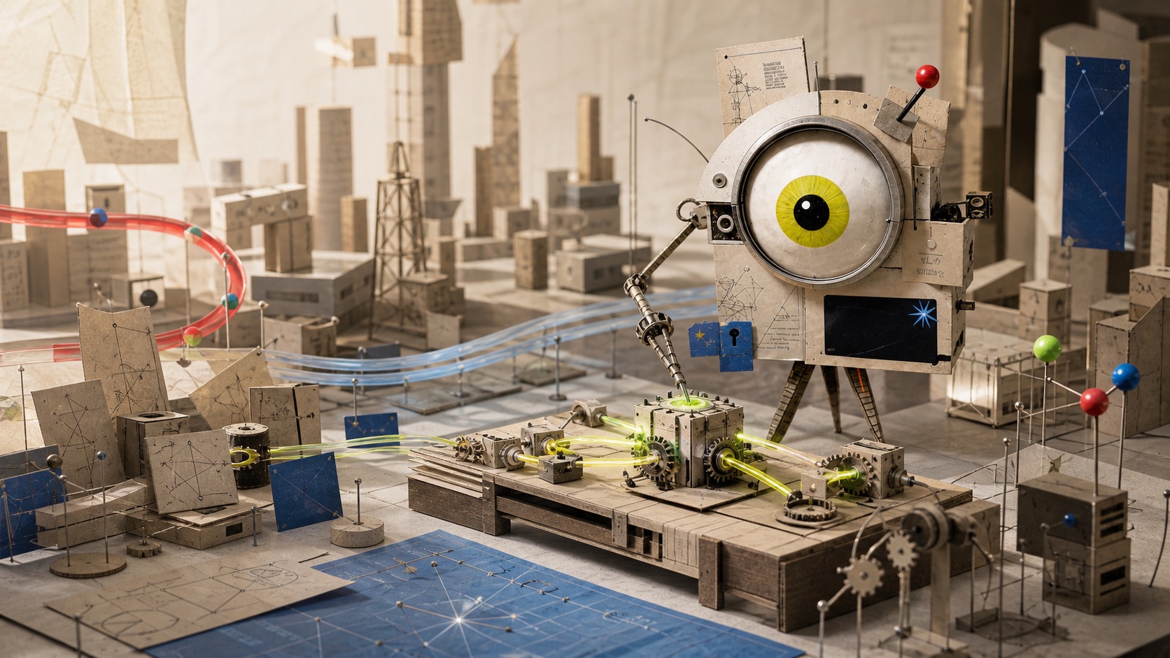 The Kooya mascot assembling a glowing custom software system inside a miniature Manila workshop.