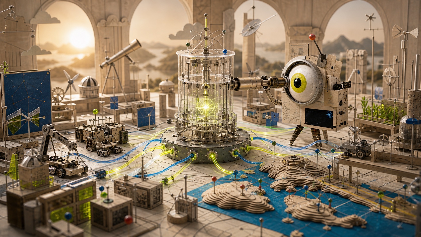 The Kooya mascot inspecting a glowing computation core inside a miniature national research observatory.