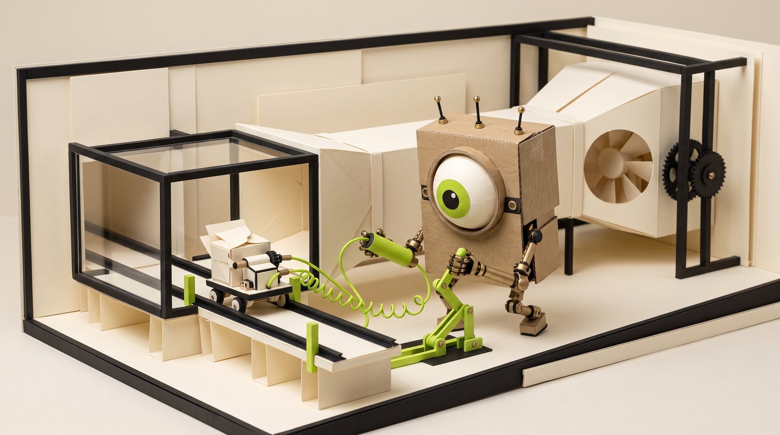 Kooya’s mascot operates a miniature test chamber with a delivery-cart prototype on a short track.