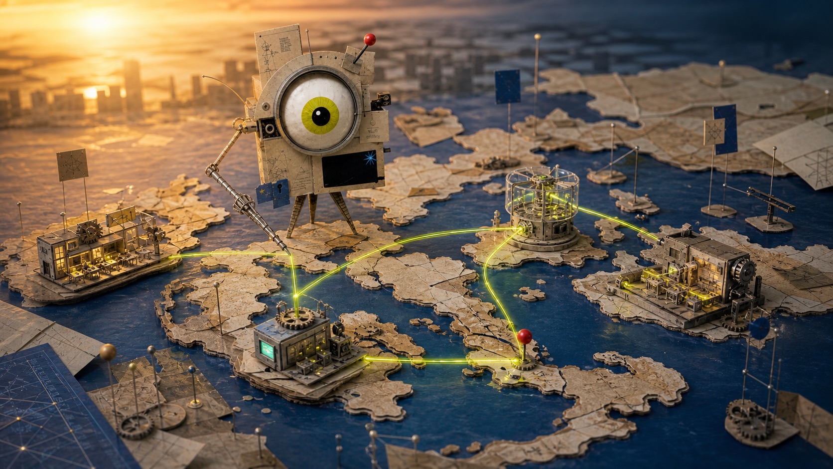 The Kooya mascot connecting skills, infrastructure, governance, and industry across a tactile map of the Philippines.