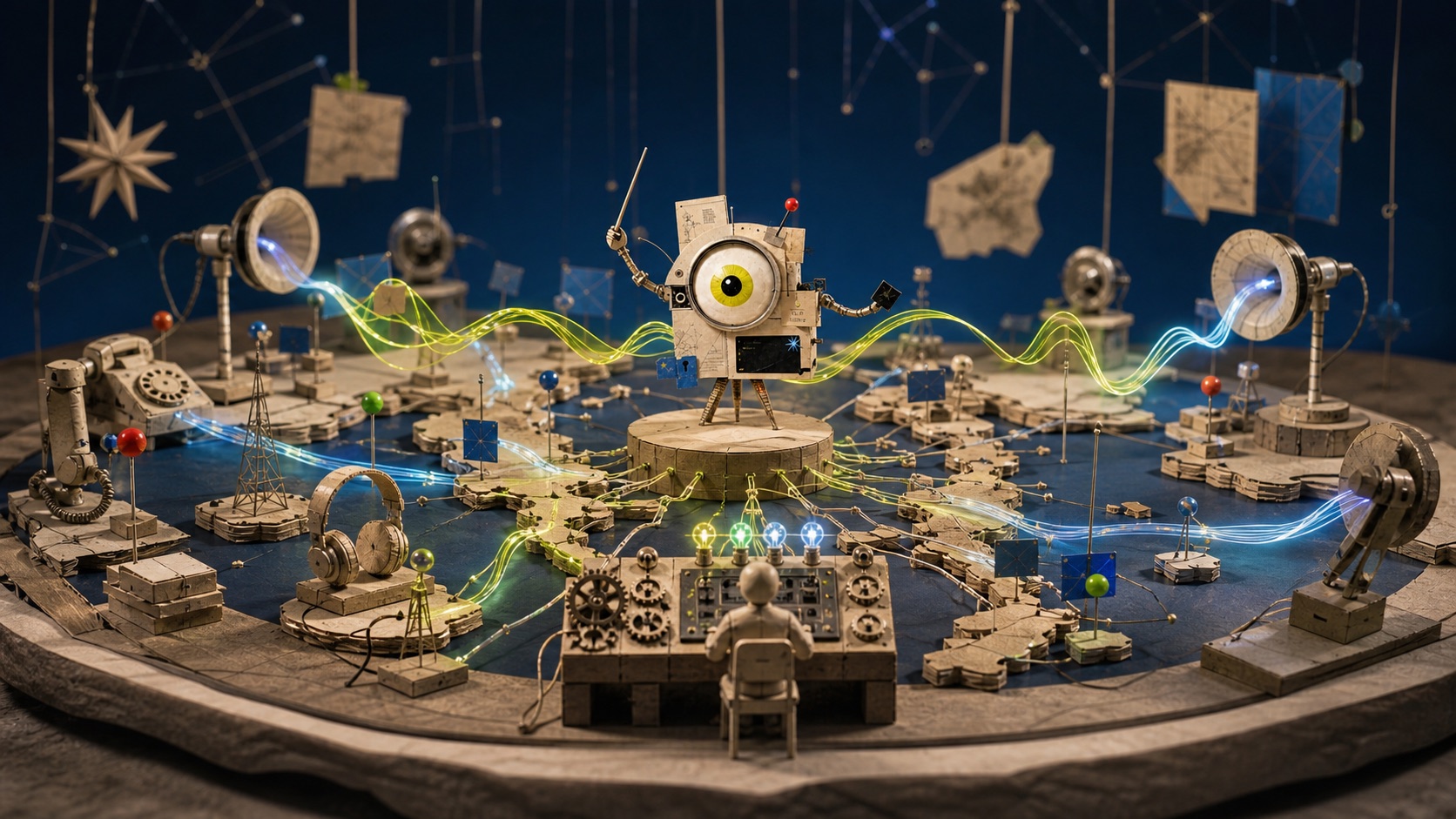 The Kooya mascot conducting luminous voice signals across a handcrafted Philippine archipelago.